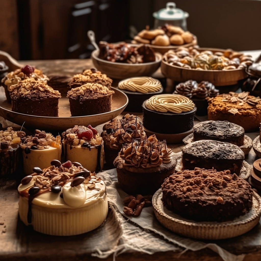 Vários tipos de bolo sobre uma mesa de diversos tamanhos e sabores.