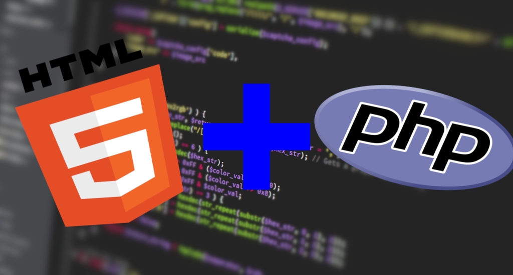 O logotipo do HTML5 e o logo oficial do PHP juntos com um sinal de Mais entre eles, e ao fundo um modelo de código em PHP que controla sessões de usuário.