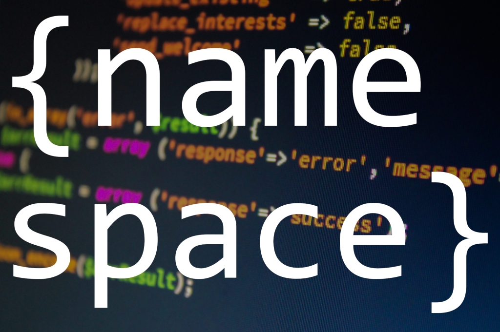 Ao fundo, um código em PHP e na frente há a palavra name e space na cor branca.