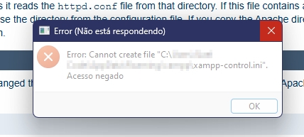 Janela do Windows com uma mensagem de erro escrito: Erro: Não pôde criar o arquivo xampp-control.ini.