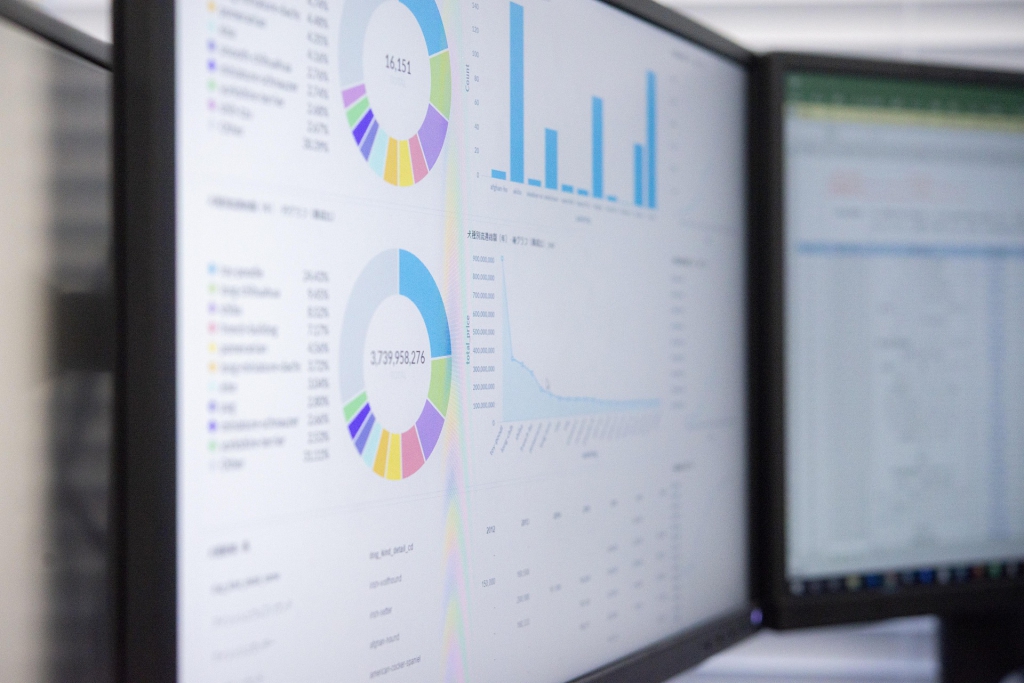 Dois monitores que completam um ao outro, um aberto com o aplicativo Excel e outro com gráficos de pizza e de barras, com tabelas coloridas indicando resultados de algo.