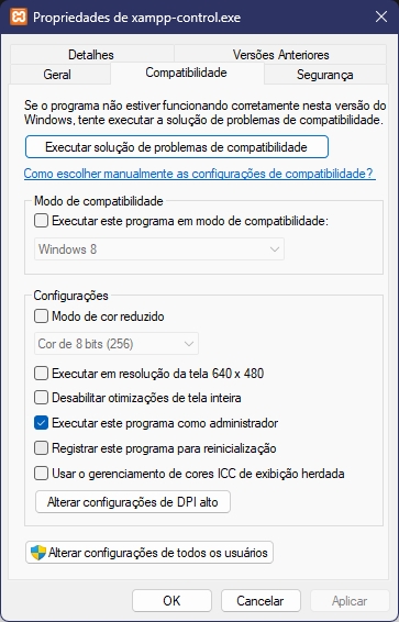 Janela do Windows com as propriedades do aplicativo XAMPP na aba Compatibilidade com a opção Executar programa como administrador marcada.