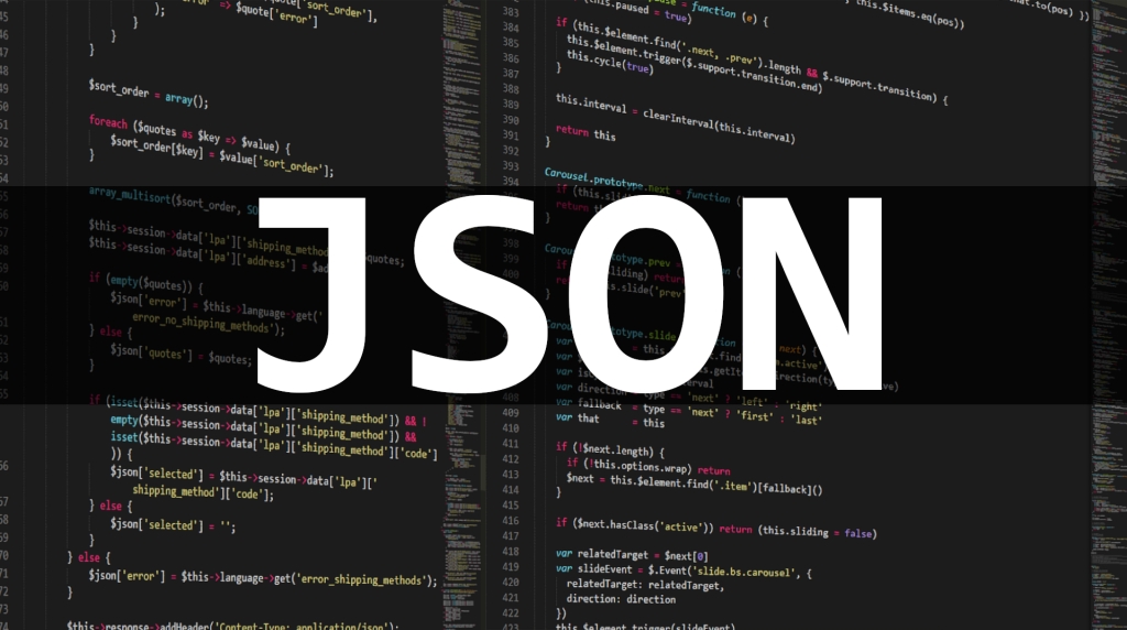 A sigla JSON na frente e ao fundo é possível código javascript escrito no VS Code